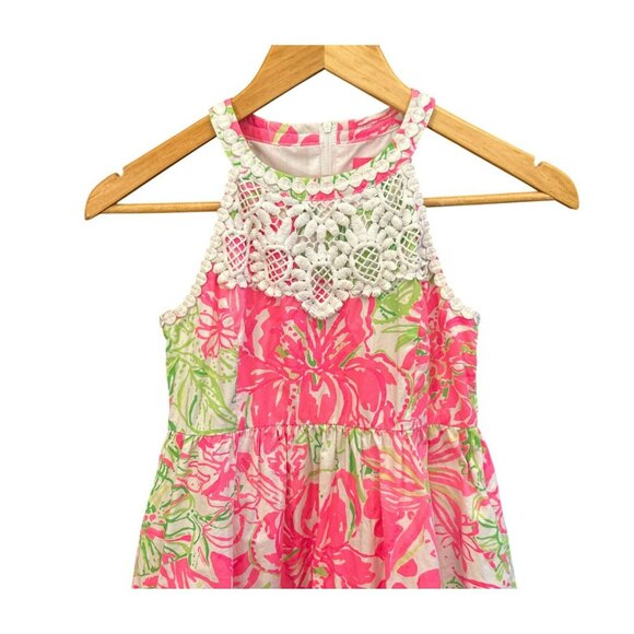 Lilly Pulitzer Girls Floral Halter Dress With Crochet Lace Neckline Size 10 EUC - Picture 2 of 6